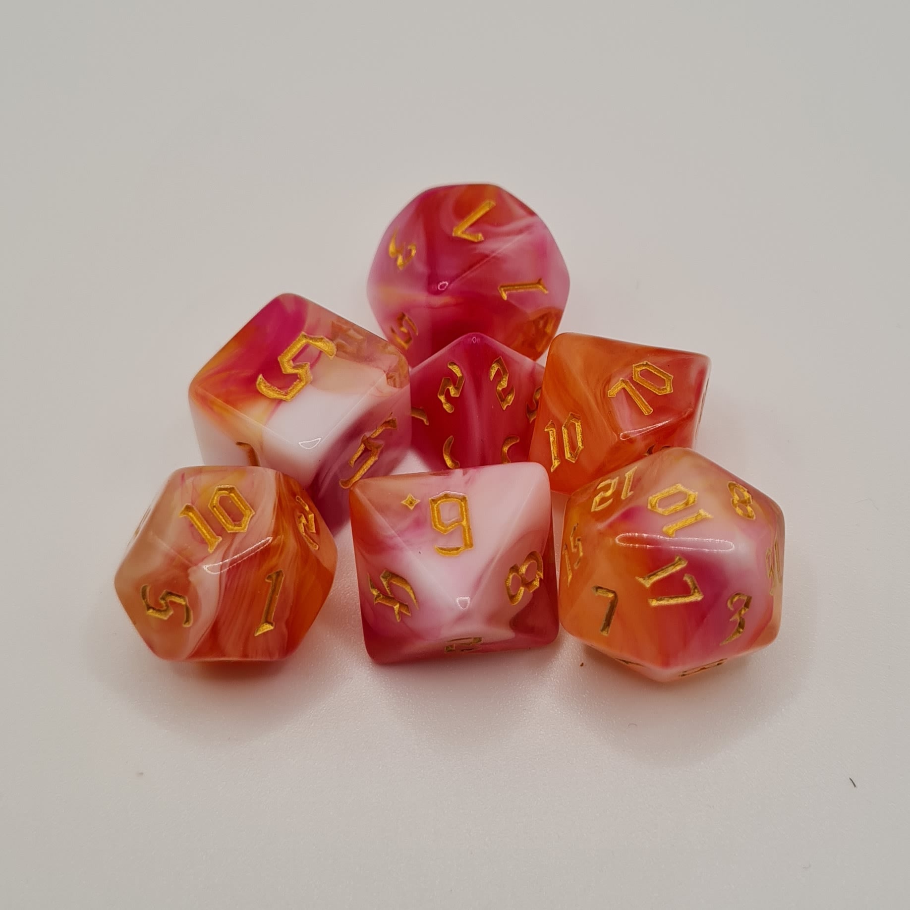 Red and Orange Clouded Polyhedral Dice Set – 7-Piece Tabletop Gaming Dice with Bag