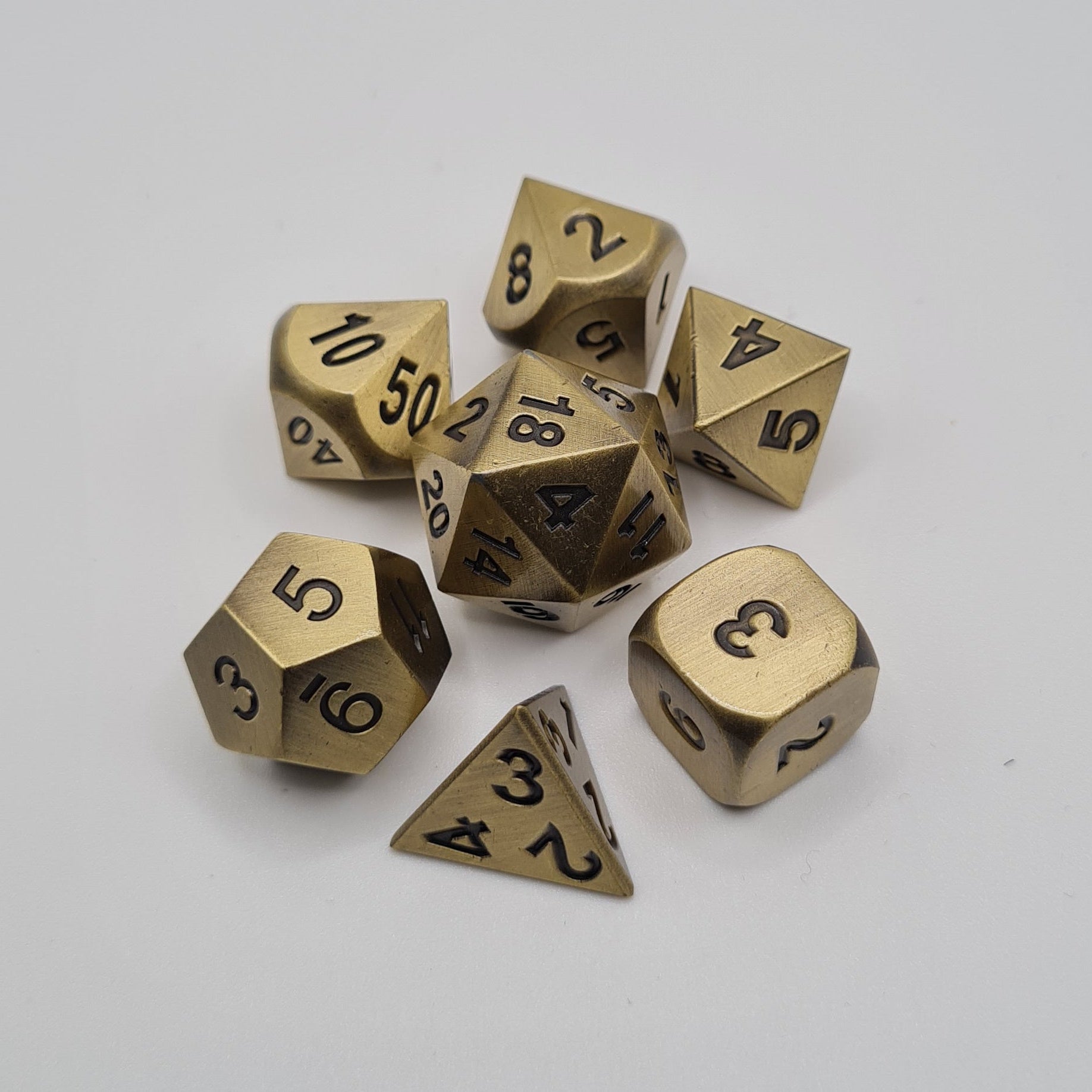 Bronze Finish Metal Polyhedral Dice Set – 7-Piece Tabletop Gaming Dice with Bag