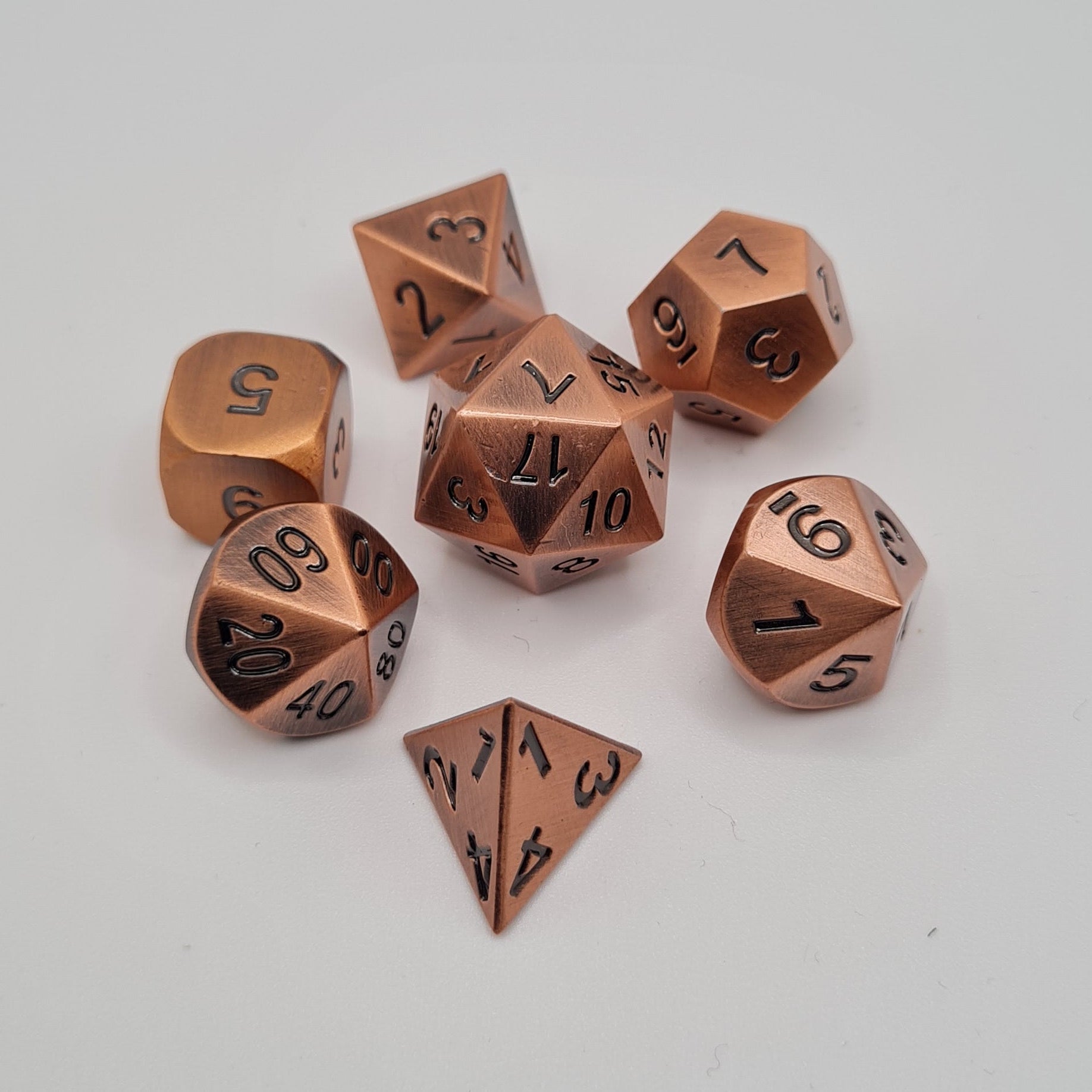 Copper Finish Metal Polyhedral Dice Set – 7-Piece Tabletop Gaming Dice with Bag