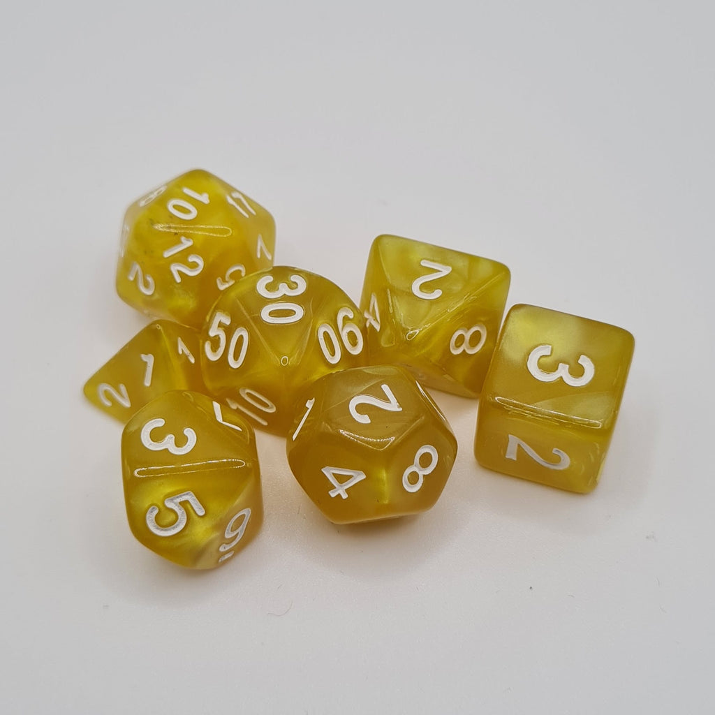 Yellow Swirls Polyhedral Dice Set – 7-Piece Tabletop Gaming Dice with Bag