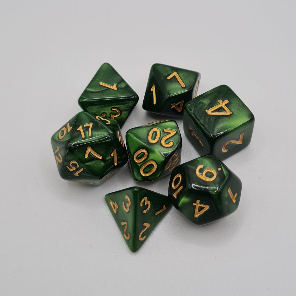 Green and Black Swirls Polyhedral Dice Set – 7-Piece Tabletop Gaming Dice with Bag