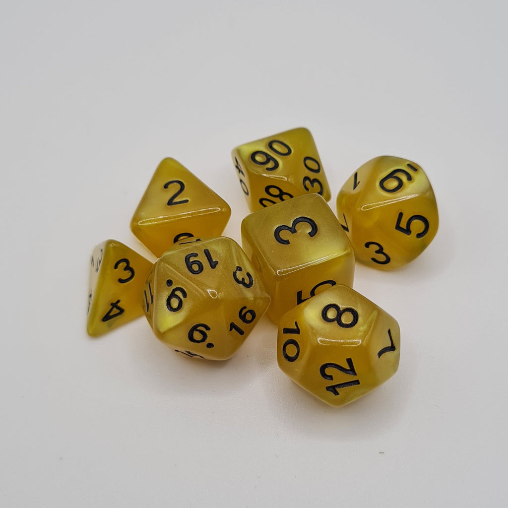 Yellow Swirl Black Numbers Polyhedral Dice Set – 7-Piece Tabletop Gaming Dice with Bag