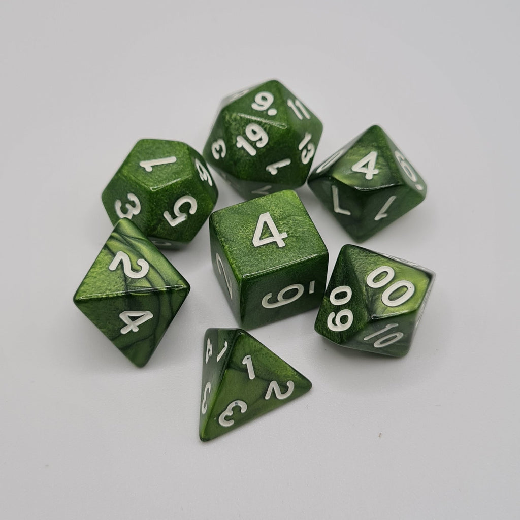 Green Glitter Swirls Polyhedral Dice Set – 7-Piece Tabletop Gaming Dice with Bag
