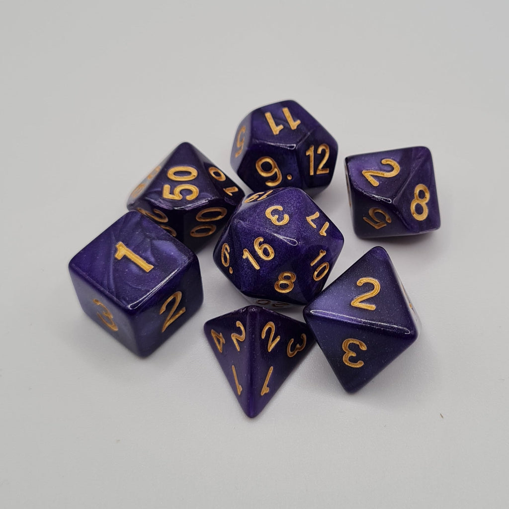 Purple Swirls Polyhedral Dice Set – 7-Piece Tabletop Gaming Dice with Bag