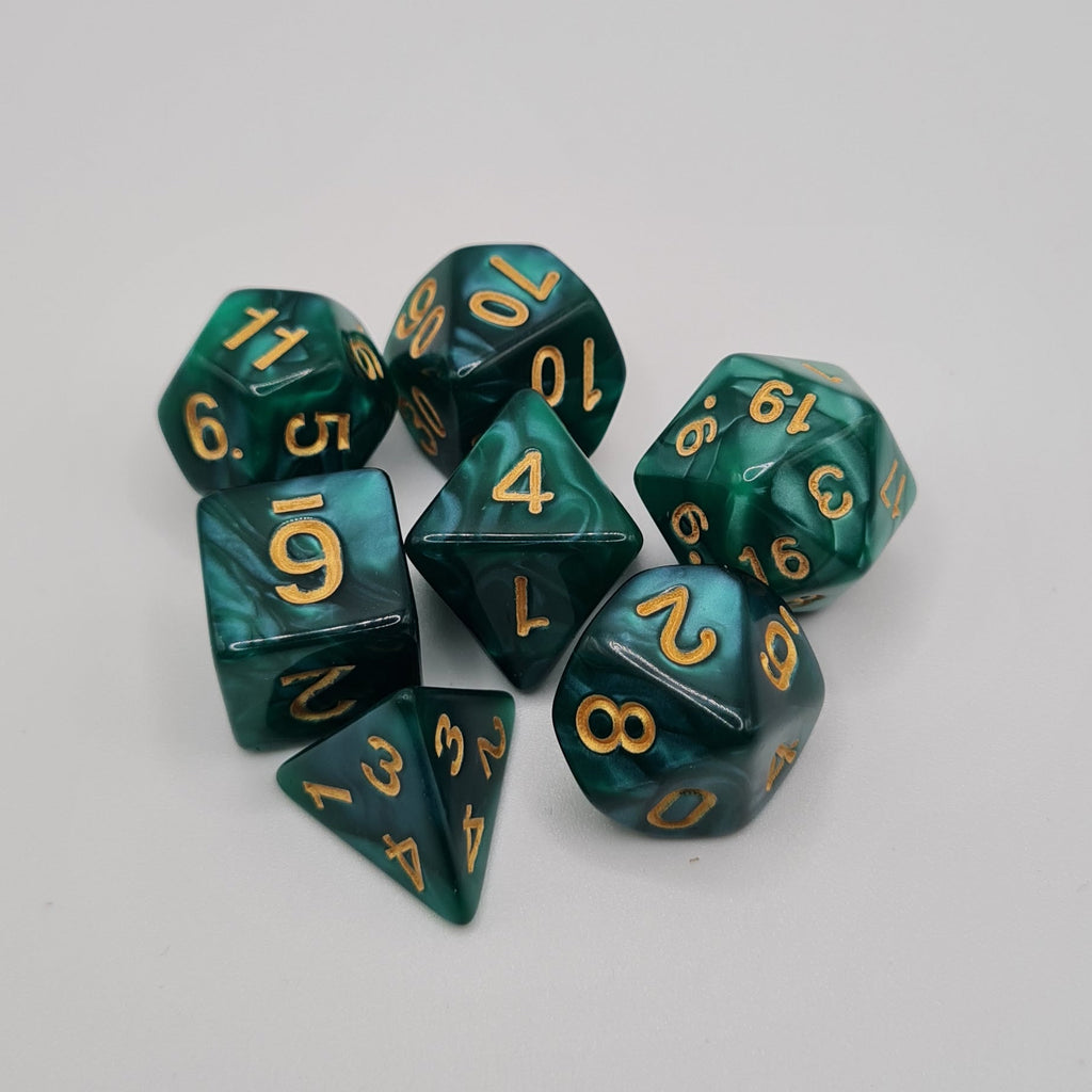 Dark Green Swirls Polyhedral Dice Set – 7-Piece Tabletop Gaming Dice with Bag