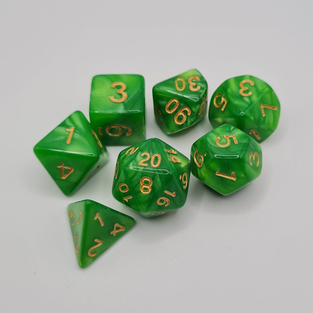 Tea Green Swirls Polyhedral Dice Set – 7-Piece Tabletop Gaming Dice with Bag