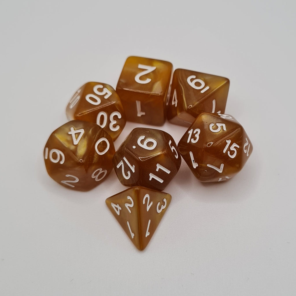 Caramel Swirls Polyhedral Dice Set – 7-Piece Tabletop Gaming Dice with Bag