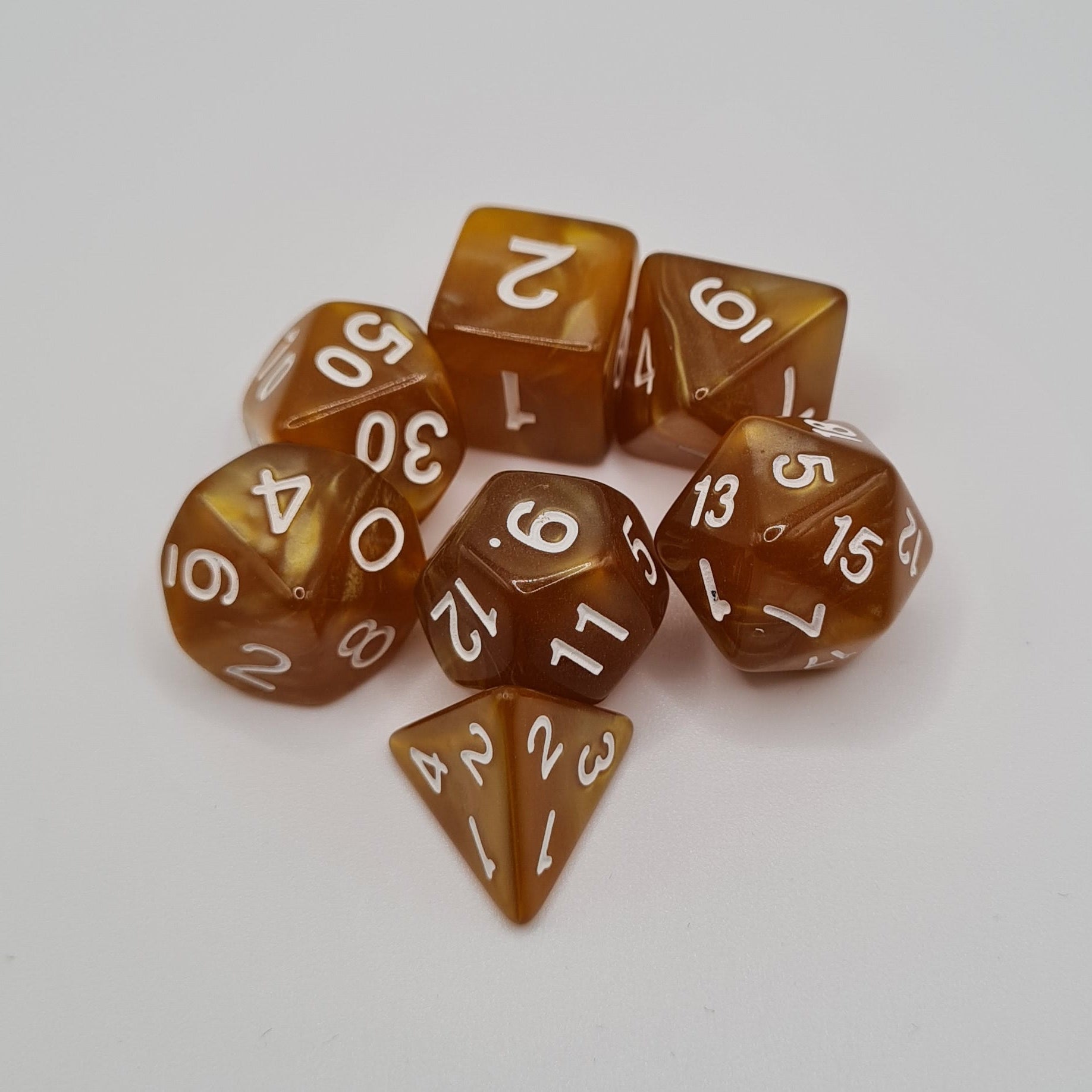 Caramel Swirls Polyhedral Dice Set – 7-Piece Tabletop Gaming Dice with Bag
