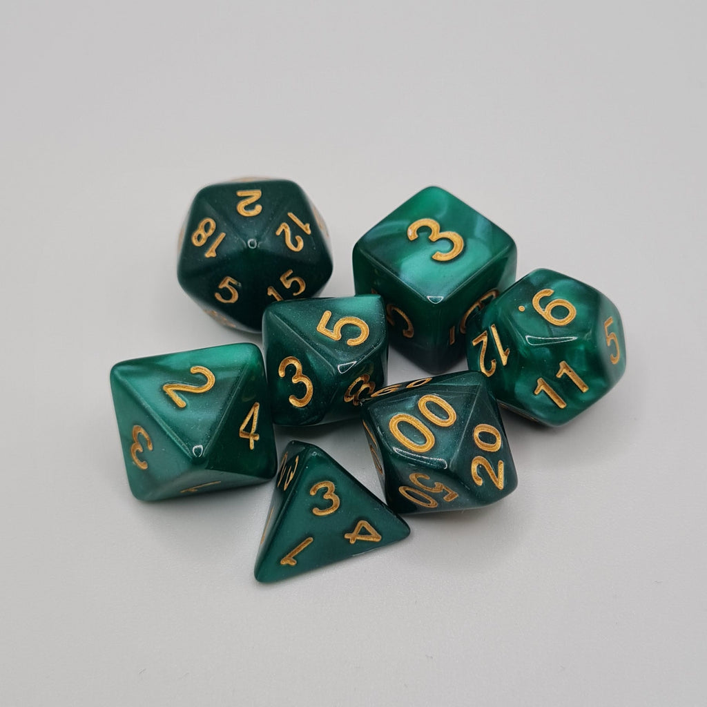 Dark Green Swirls Polyhedral Dice Set – 7-Piece Tabletop Gaming Dice with Bag
