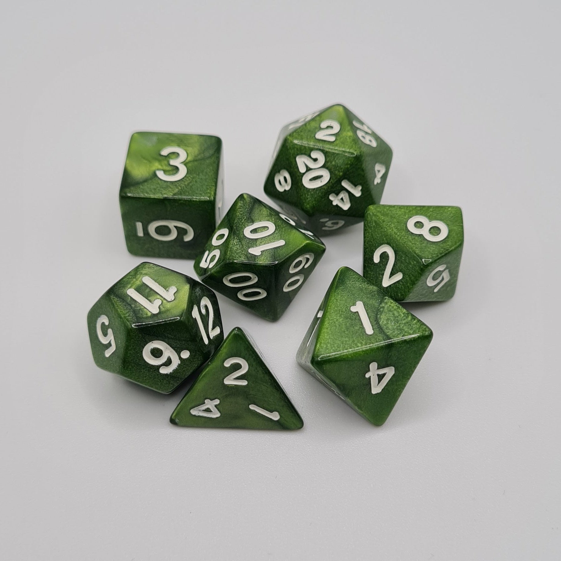 Green Glitter Swirls Polyhedral Dice Set – 7-Piece Tabletop Gaming Dice with Bag