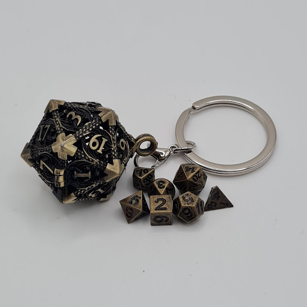 Brass D20 Keyring with Mini Dice
