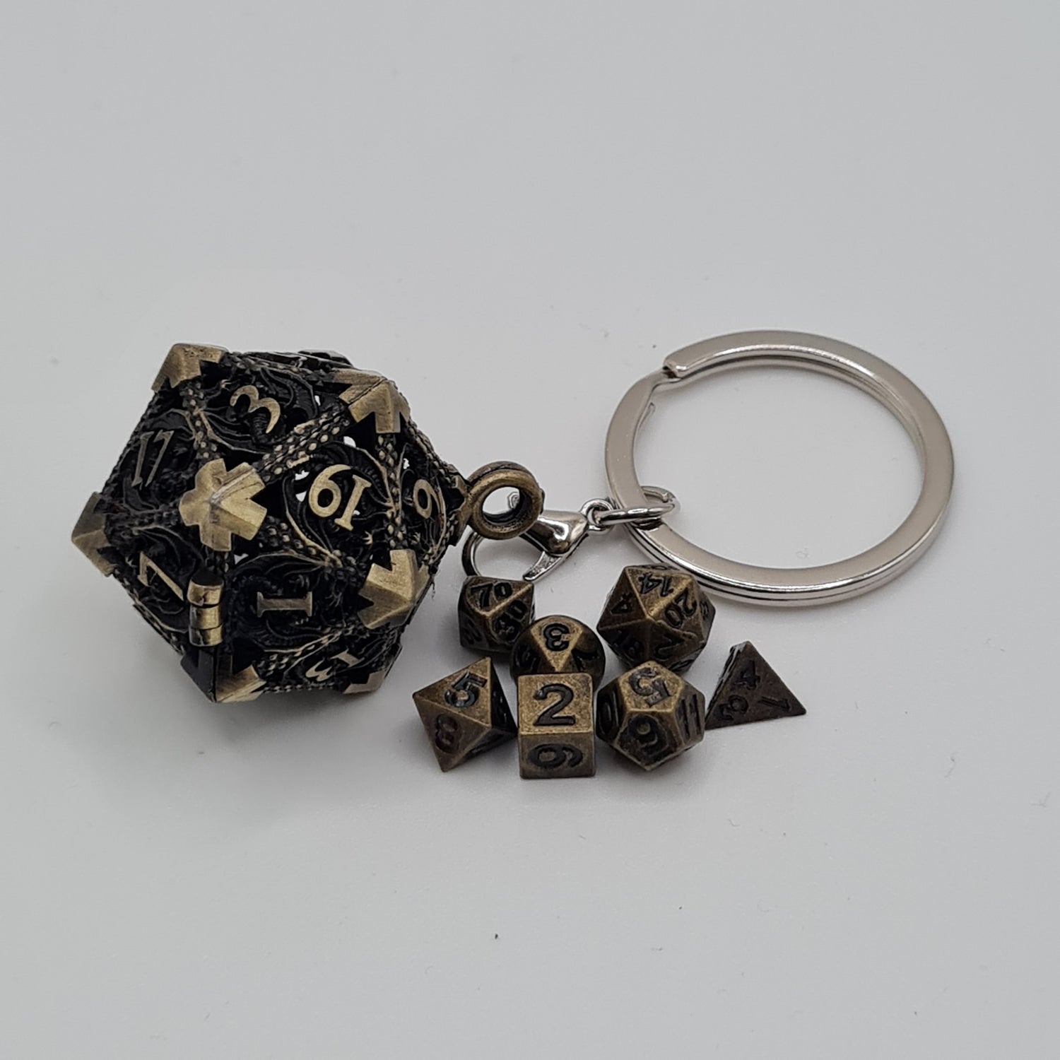 Brass D20 Keyring with Mini Dice