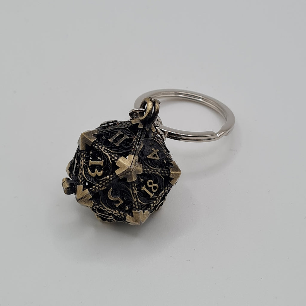 Brass D20 Keyring with Mini Dice
