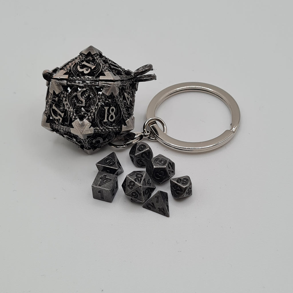 Silver D20 Keyring with Mini Dice