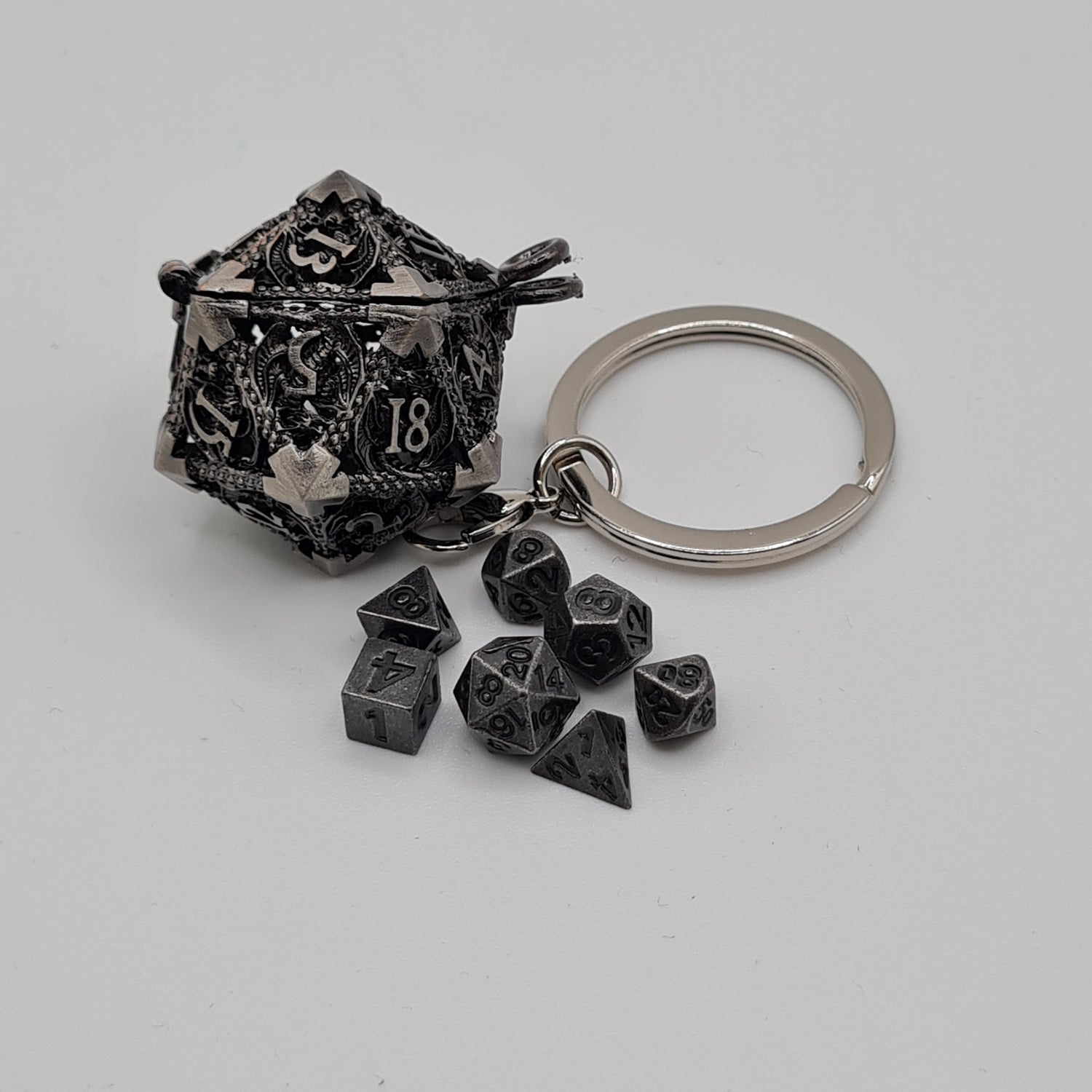 Silver D20 Keyring with Mini Dice
