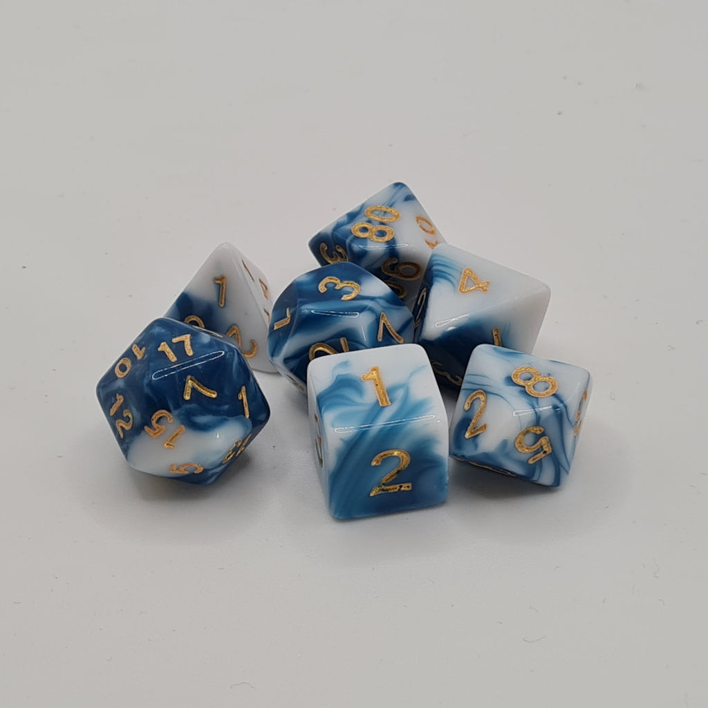 Blue and White Swirls Polyhedral Dice Set – 7-Piece Tabletop Gaming Dice with Bag