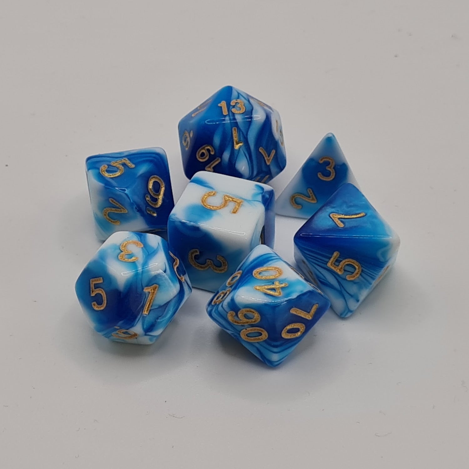 Blue and White Swirls Polyhedral Dice Set – 7-Piece Tabletop Gaming Dice with Bag